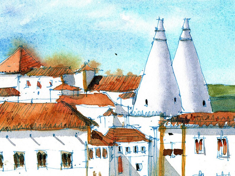 May include: Watercolor painting of a cityscape with white buildings and red tile roofs. Two tall, white, cone-shaped structures are in the background.