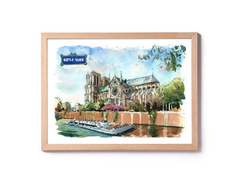 Notre-Dame-Parijs illustratie, Notre-Dame-aquarel, Parijs-aquarel, kunst aan de muur, woondecoratie