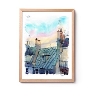 Toits Paris-illustratie, aquarel Parijs daken, aquarel Parijs, kunst aan de muur, woondecoratie