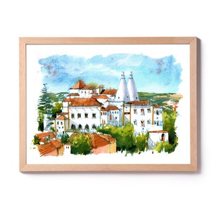 May include: Watercolor painting of a white building with red tile roofs and two tall conical towers. The building is surrounded by trees and is set against a blue sky with white clouds.