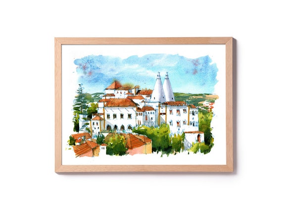 Sintra Illustration, Sintra  Palacio Nacional watercolor, Lisboa Sintra painting, Sintra wall art, Portugal home decoration
