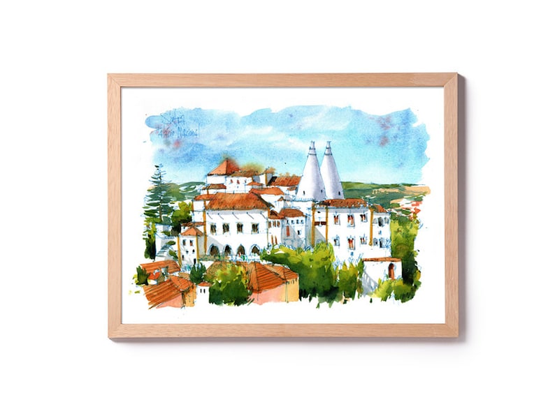 May include: Watercolor painting of a white building with red tile roofs and two tall conical towers. The building is surrounded by trees and is set against a blue sky with white clouds.