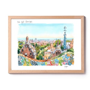Illustratie Park Guell, aquarel van Gaudí, schilderij Park Guell, kunst Barcelona, huisdecoratie Barcelona