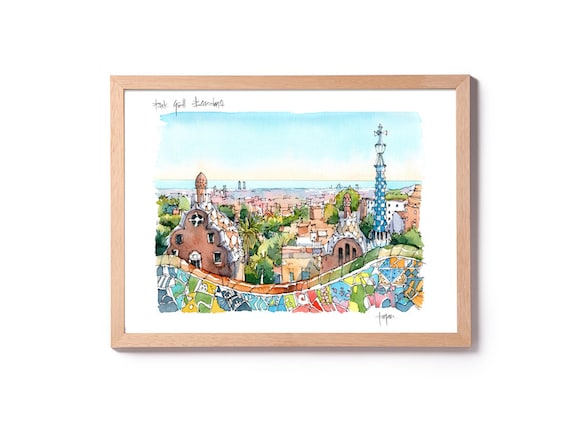 Park Guell Illustration, Gaudí watercolor, Park Guell painting, Barcelona art, Barcelona house decoration