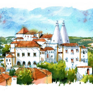 May include: A watercolor painting of a white building with red tile roofs and two tall conical towers. The building is surrounded by green trees and a blue sky. The text "Sintra Palacio Nacional" is written in the upper left corner of the painting.