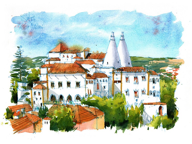 May include: A watercolor painting of a white building with red tile roofs and two tall conical towers. The building is surrounded by green trees and a blue sky. The text "Sintra Palacio Nacional" is written in the upper left corner of the painting.