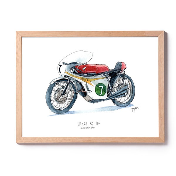 Honda RC 166 illustratie, motorfiets aquarel, fiets aquarel, motorfietsen kunst aan de muur, motorfietsen woondecoratie