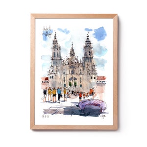 Ilustração da Plaza del Obradoiro, aquarela El Camino Santiago de Compostela, Praza do Obradoiro, arte de Santiago, arte El Camino de Santiago