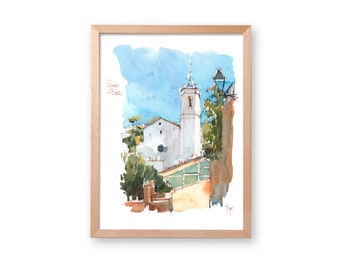 Caldetes Esglèsia Watercolour, Caldes d'Estrac, Catalunya watercolor, Maresme Painting, Catalunya art, Caldetes Art, Daniel Pagans Art