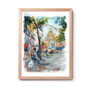 Illustrazione di Parigi Monmartre Place du Tetre, acquerello di Montmartre, acquerello di Parigi, arte murale, decorazione della casa