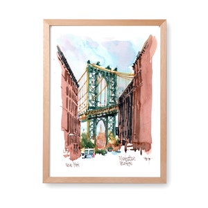 Manhattan Bridge New York illustratie, New York Art, NYC aquarel, Manhattan kunst, Dumbo aquarel, kunst aan de muur Brooklyn, New York decor