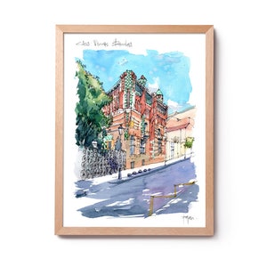 Casa Vicens Illustration, house Gaudi watercolor, Casa Vicens Barcelona painting, Barcelona art, Barcelona house decoration