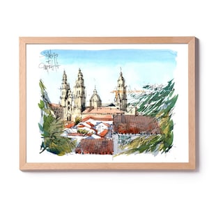 Ilustração Vista de Santiago de Compostela, Parque de Alameda, aquarela El Camino Santiago, arte de Santiago, arte El Camino de Santiago