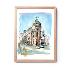 May include: A watercolor painting of a building with a dome in a city street scene. The building is painted in shades of beige and brown with a green dome. The street is painted in shades of gray and brown with cars and a traffic cone.