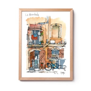 La Barceloneta Illustration, Barceloneta Balcony watercolor, Barceloneta painting, Barcelona art, Barcelona house decoration