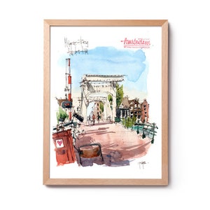 Magere Brug Amsterdam Illustratie, Magere Brug Oude Brug Amsterdam aquarel, Magere Brug schilderij, Magere Brug kunst, Magere Brug Schets