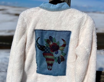 Sherpa Jacket | Women’s Small | Denim Jacket | Cowgirl jacket | Warm jacket | Embellished Jacket | Custom Jacket