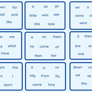 May include: A blue and white grid of 36 word tiles, each tile containing a single word in black text. The words are common English words, such as "a", "down", "for", "is", "said", "and", "very", "like", "little", "was", "see", "she", "look", "we", "some", "all", "so", "went", "were", "the", "that", "me", "when", "my", "what", "a", "have", "no", "them", "he", "come", "of", "then", "her", "a", "there", "will", "are", "with", "his", "one", "they", "you", "this", "out", "to", "I", "do", "don't", "a", "in", "us", "say", "from", "by", "came", "how", "down", "me", "no", "we", "as", "there", "this", "in".