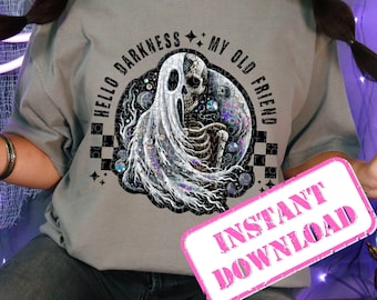 May include: A grey t-shirt with a graphic of a ghost and skeleton with the text "Hello Darkness My Old Friend".