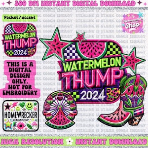 Puede incluir: Diseño digital Watermelon Thump 2024 con una sandía, una noria, una bota vaquera y estrellas. El diseño es en rosa, verde y negro.