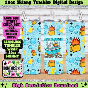 May include: A digital design for a 20 oz skinny tumbler featuring a blue background with a repeating pattern of yellow rubber ducks, blue bubbles, and toasters with flames. The centre tumbler features a skeleton in a bathtub with the text "Live Laugh Toaster Bath".