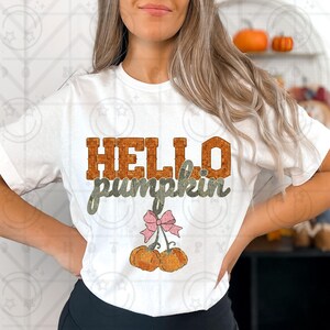 Può includere: Una t-shirt bianca a maniche corte con la scritta "HELLO pumpkin" in lettere arancioni e verdi. Sotto il testo ci sono due zucche arancioni collegate da un gambo con un fiocco rosa chiaro legato sulla parte superiore dei gambi.