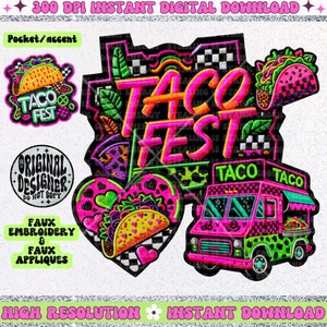 Pode incluir: Um download digital de um conjunto de cinco patches coloridos e ilustrados com tema de tacos. Os patches incluem um caminhão de tacos, um coração com um taco dentro, um taco com as palavras "Taco Fest" e dois patches de tacos menores. Os patches são projetados para parecer patches bordados.