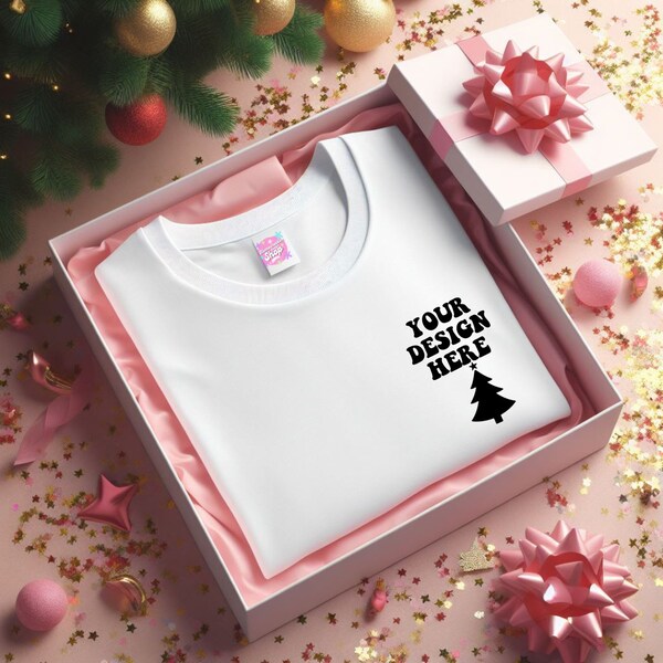 Christmas Mock up, White tshirt in pink gift box, pink christmas mock up, front of shirt mock up, digital download