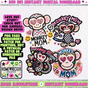 May include: Four digital embroidery designs featuring a cartoon monkey wearing heart-shaped sunglasses and a checkered pattern. The designs include the text "Monkey Mom" in a colorful, glittery style.