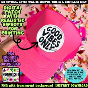 Puede incluir: Una gorra de camionero rosa con un parche circular blanco que dice "Good Vibes Only" en texto negro. La gorra está sobre un fondo de confeti de colores.