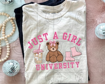 Just a Girl University PNG Cute Coquette Teddy Bear Shirt Design Pink Bow Aesthetic Girly College Trendy Apparel Digital Download
