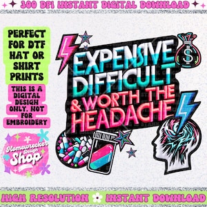 Op de afbeelding: Een digitaal ontwerp met een roze, blauwe en witte afbeelding met de tekst "Duur, Moeilijk en de hoofdpijn waard". De afbeelding bevat een bliksem, een geldzak en een pillenfles.