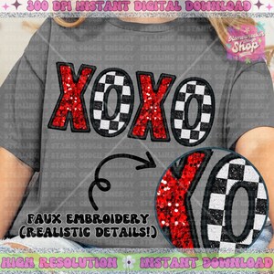 May include: A grey t-shirt with the letters "XOXO" in a faux embroidery design. The letters "X" and "O" are red with glitter, while the other "O" is a black and white checkered pattern. The image includes the text "FAUX EMBROIDERY (REALISTIC DETAILS!)".