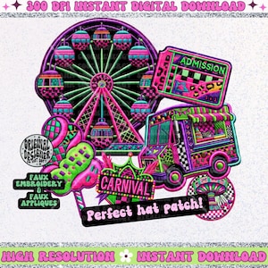 Puede incluir: Una descarga digital de un conjunto de parches termoadhesivos con temática de carnaval. El conjunto incluye una noria, un camión de comida, una corona, una piruleta, un billete y un cartel de carnaval. Los parches son de estilo retro de los 80 con colores brillantes rosa, verde y negro. El texto "ADMISSION 400" y "CARNIVAL" están incluidos en la imagen.
