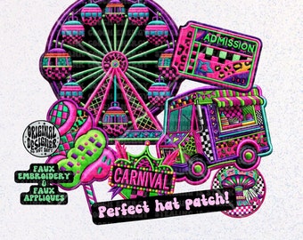 May include: A digital download of a carnival themed iron-on patch set. The set includes a Ferris wheel, a food truck, a crown, a lollipop, a ticket, and a carnival sign. The patches are in a retro 80s style with bright pink, green, and black colors. The text "ADMISSION 400" and "CARNIVAL" are included in the image.