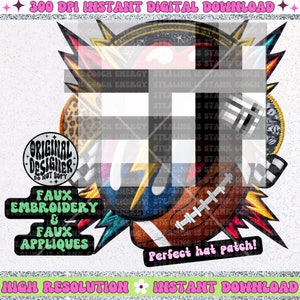 May include: A digital design featuring a variety of colorful patches, including a football, a lightning bolt, a tongue, and a leopard print. The patches are arranged in a circular pattern and have a faux embroidered and applique style. The text "Perfect hat patch!" is included in the design.