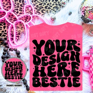 Comfort Colors Tshirt Mockup, CC1717 neon pink, folded back of shirt with front pocket accent, digital mock up