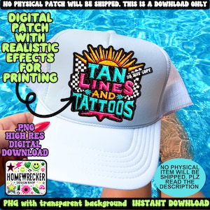 Tan lines and tattoos patch, faux embroidery, Summer, neon,  PNG digital download