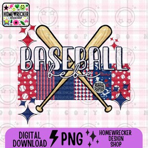 以下が含まれることがあります： 「BASEBALL bebe」という白い文字が入った、野球をテーマにしたデジタルダウンロードのグラフィック。グラフィックには、交差した野球のバット2本、赤、白、青のパターン生地、野球ボールが描かれています。