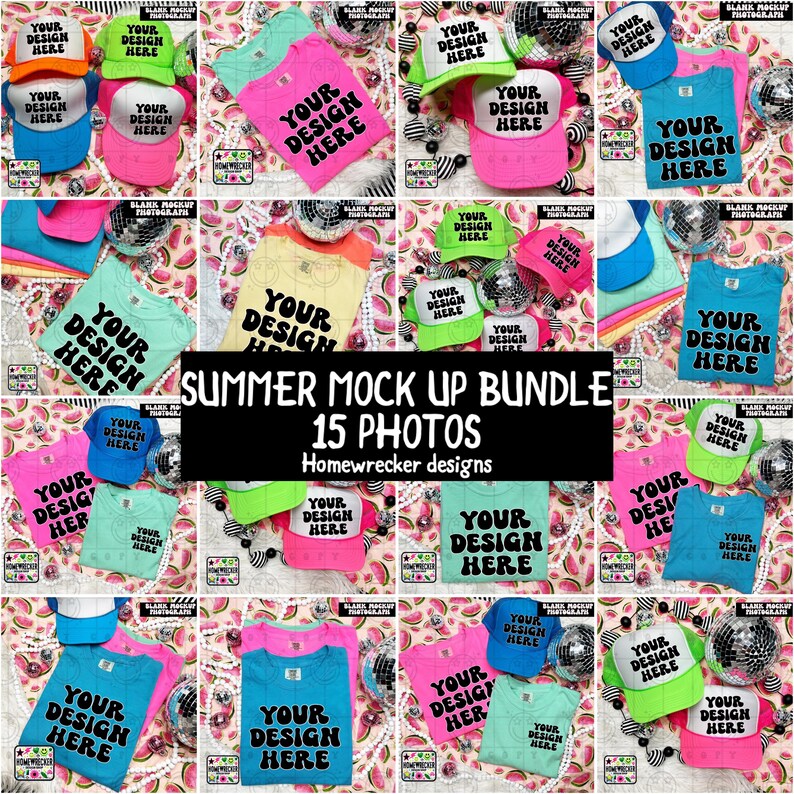 Bundle di mock-up: Comfort Colors Blank Tshirt Mock-up e cappellini da camionista Otto, a tema estivo, anguria, colori vivaci e neon, BUNDLE immagine 1