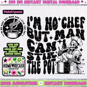 Puede incluir: Diseño digital en blanco y negro con un chef esqueleto con el texto "No soy chef, pero puedo remover la olla".