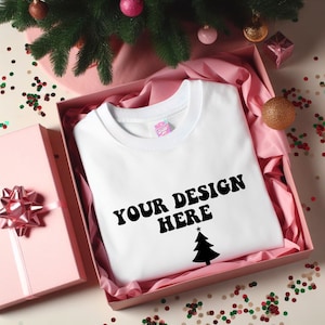 Pink Christmas Mock up, White tshirt in pink gift box, pink christmas mock up, front of shirt mock up, digital download