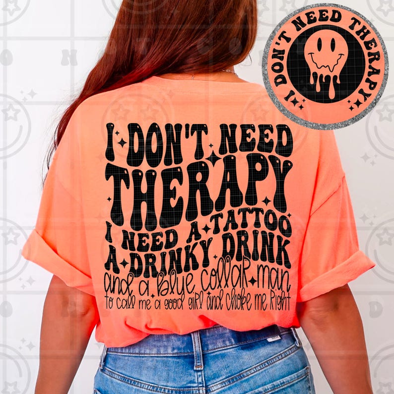 I dont need therapy funny quote design with wavy retro typography black text on coral background featuring full back and front pocket accent layout