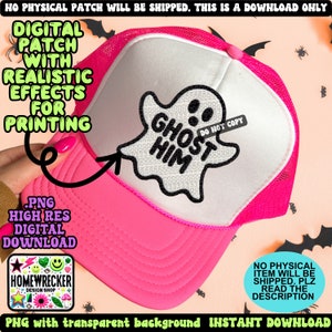 May include: A pink and white trucker hat with a black and white ghost patch that says "Ghost Him" on it. The patch has a white dotted background. The hat is on a hand with pink nail polish.