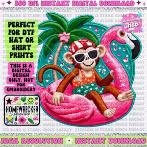 Puede incluir: Diseño digital de un mono con gafas de sol y traje de baño, montado en un flotador de piscina de flamenco rosa. Incluye una palmera y el texto "Perfect for DTF hat or shirt prints".