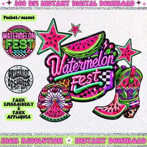 Pode incluir: Design do Watermelon Fest 2024 com uma fatia de melancia, uma roda gigante, uma bota de cowboy e uma estrela. O design é em rosa, verde e preto com um efeito de brilho neon.