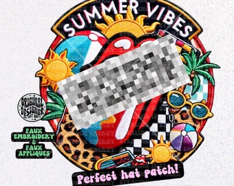 Summer Vibes Checkered Rocker FAUX embroidery hat patch, digital download, for dtf printing, PNG