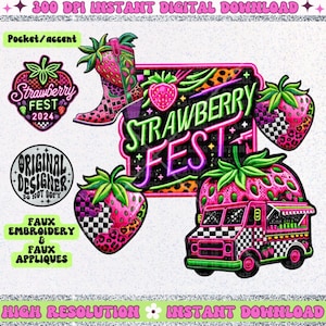 Puede incluir: Una descarga digital de un conjunto de cinco ilustraciones coloridas con un tema de festival de fresas. Las ilustraciones incluyen un camión de comida de fresas, una fresa con un patrón a cuadros, una fresa con estampado de leopardo, una bota vaquera con un patrón de fresas y un letrero de neón que dice "Strawberry Fest".