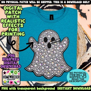 May include: A digital download of a rhinestone ghost design for printing. The ghost is white with a black outline and is surrounded by rhinestones. The design is on a blue t-shirt. The text "DO NOT COPY" is on the ghost. The text "NO PHYSICAL ITEM WILL BE SHIPPED. PLZ READ THE DESCRIPTION" is in the bottom right corner.