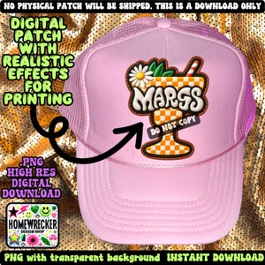 May include: A pink trucker hat with a yellow and orange embroidered patch of a cocktail glass with the word "MARSS" in a retro font. The patch has a checkered pattern and a small daisy and green leaves. The text "DO NOT COPY" is also on the patch.